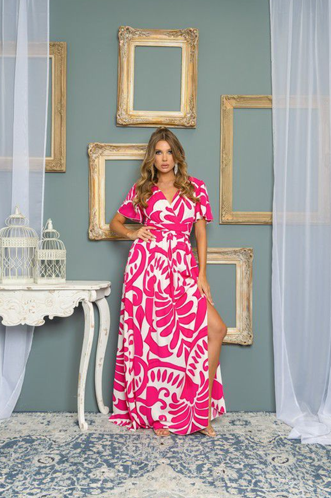 Vestido largo print fucsia