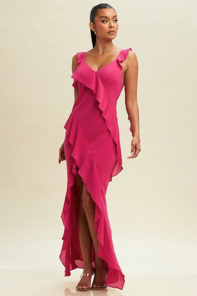 Vestido fucsia volantes